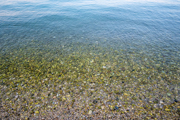 Sea surface and gravel beach full of green stones