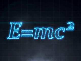 Einstein formula - E=mc2 Relativity Theory electric lightning text on black background with smoke and lens flare