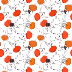 Pattern with drawn dogrose, rosehip, wild rose, dog rose. Vector floral background with drawn autumn berries