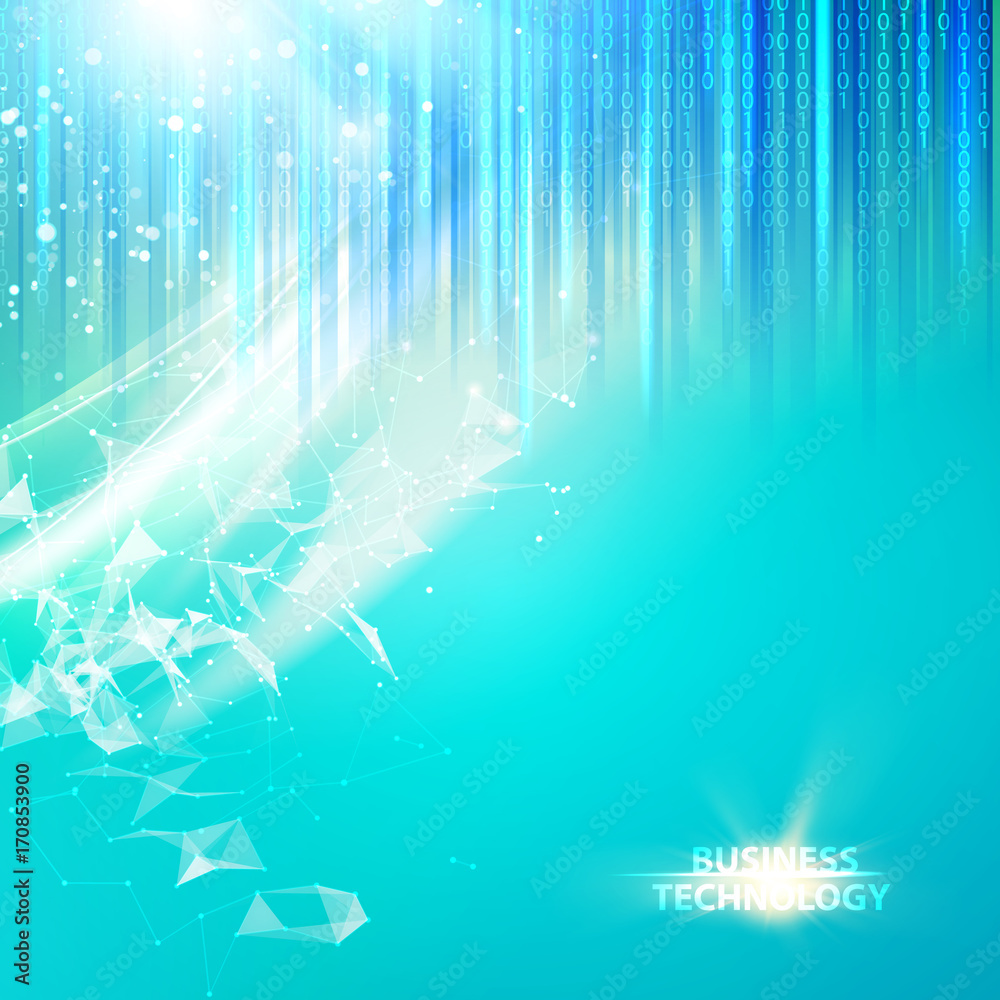 Poster Abstract smooth blue lines. Blue background with bigdata cyber code. Blue smooth light lines background with polygonal network element. Asymmetric triangle structure. Vector background.