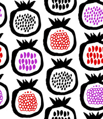 Pomegranates decorative seamless pattern. Vector fruits background drawn by ink and brush