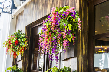 Fototapeta na wymiar Colorful planter boxes with flowers
