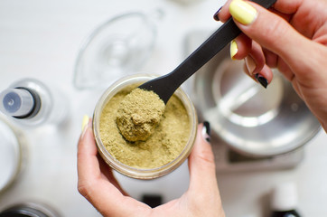 Moroccan soap preparation. Natural cosmetics recipe. Essential oils and herbal composition ingredients