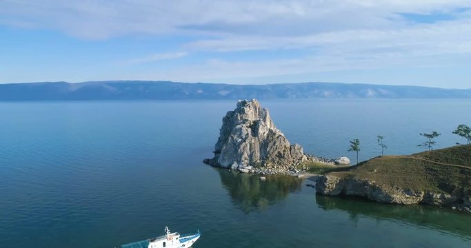 Tranquil Aerial View of the Baikal Bay Shamanka. Olkhon Island, Baikal, Russia, Siberia. Drone footage.