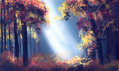 Illustration of Autumn Forest. Digital Art.