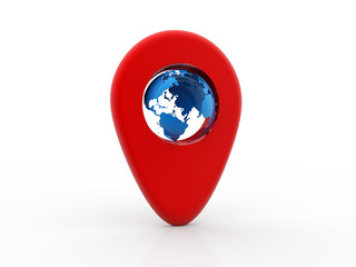 3d rendering Red map pointer with globe. navigation concept