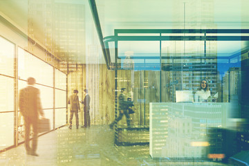 Wooden and glass office, reception, closeup toned