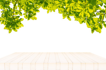 Naklejka na ściany i meble blank wood table isolated on white background with green leaves frame and copy space for text design or other product advertising.