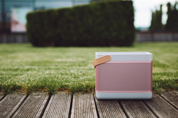 Cool pink Portable small wireless speaker playing in a park
