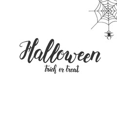 Happy Halloween vector hand made trendy lettering. Holiday calligraphy with spider and web. Halloween lettering for banner, flyer, brochure, greeting card, party invitation. 