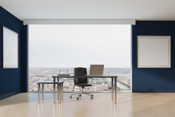 Blue CEO office with a city view