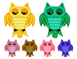 Fototapeta premium a set of six half-asleep owls with half-closed eyes with ornamented wings and tails in different color variations