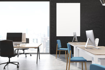 Open space office interior, side view, poster