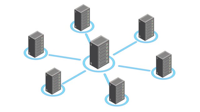 Block chain. Datacenter server net. Isometric interior with rows of hardware server case cabinet motion graphic concept. Available in 4K FullHD and HD video render footage