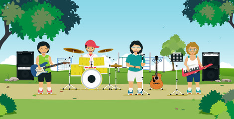 Students play music and sing in the garden.