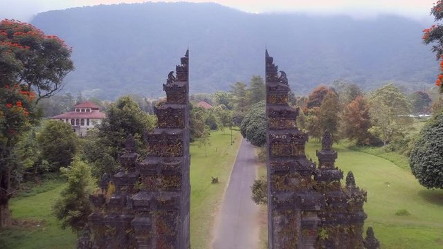 Aerial Fly Through of a Typical Candi Bentar Split Gate at the Entrance to a Balinese Temple