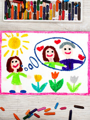 Obraz na płótnie Canvas Photo of colorful drawing: young girl dreaming about happy relationship and big love