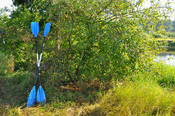 Crossed oars near water