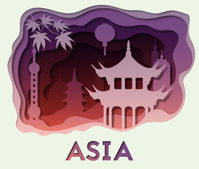 3d abstract paper cut illlustration of Asian famous destinatons and buildings. Vector template in carving art style.