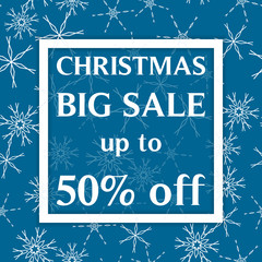 Christmas big sale template, discount banner, snowflakes winer background. Vector illustration