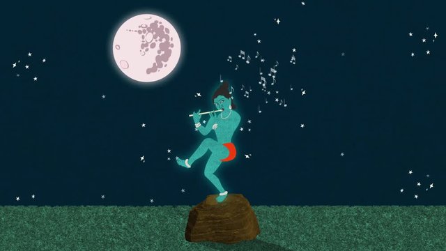 Lord Krishna Playing the Flute at a Full Moon Night
