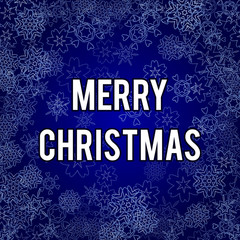 Merry christmas, xmas illustration. Winter dark blue background with random, chaotic snowflakes.