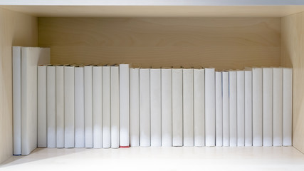 blank books on wooden shelf