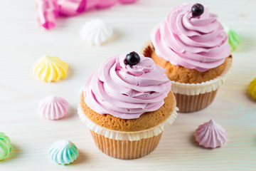 Closeup of cupcakes with vanilla, berries, pink and white cream, chocolate and sprinkles on wooden background. Selective focus. Sweet dessert tasty food concept muffin.