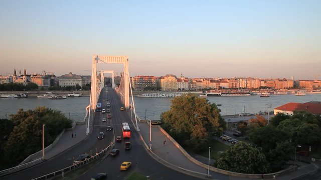 Sunset view from Gellert Hill on Elizabeth Bridge in Budapest, Hungary