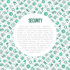 Security and protection concept with thin line icons: data, surveillance camera, finger print, electronic key, password, alarm, safe. Vector illustration for banner, web page, print media.