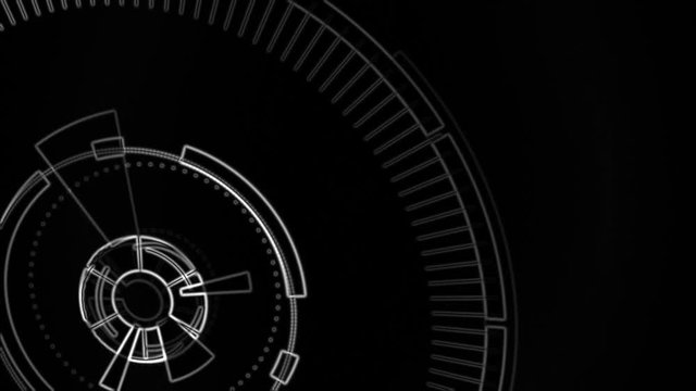 Outlined video graphic background component. Abstract round animation, hi-tech stylization with circles. Futuristic Sci-Fi HUD effect. Central sight of wheels in technology. Mechanical gears on black.