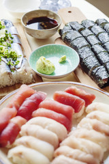Kitchen table with Japanese sushi