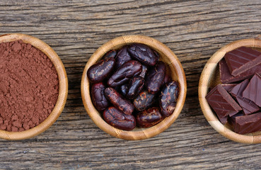 Dark chocolate with cocoa in a bowls on table