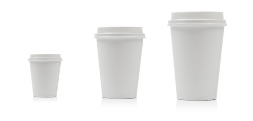 Takeaway paper coffee cup different size isolated on a white background. Clipping path.