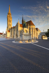 Fototapeta premium Morning view of Matthias church in historic city centre of Buda, Hungary. 