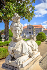 Close up of sphinx sculpture in Neptune gardens. Queluz National Palace, Sintra, Lisbon district, Portugal. The Royal Palace of Queluz was summer residence of Portuguese royal family.