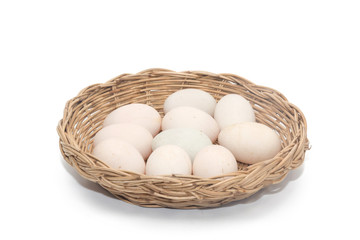 raw dirty duck eggs in basket on white background