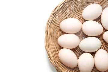raw dirty duck eggs in basket on white background