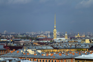 Naklejka premium Aerial view on Saint Petersburg, Russia. Roofs, Peter and Paul Fortress, windows, city skyline.