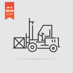 Forklift icon in flat style isolated on grey background.