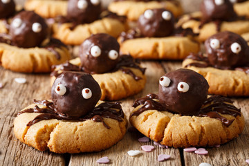 Halloween shortbread cookie with chocolate spiders close-up on a wooden table. horizontal
