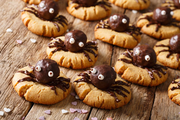 Halloween cookies with chocolate spiders close-up on a wooden table. horizontal