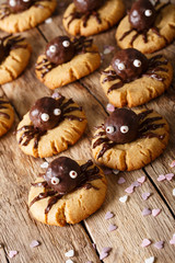 Halloween cookies with chocolate spiders close-up. vertical