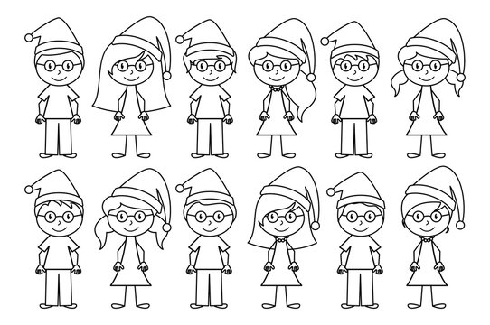 Vector Collection of Line Art Christmas or Holiday Themed Stick Figures or Stick Figure Family
