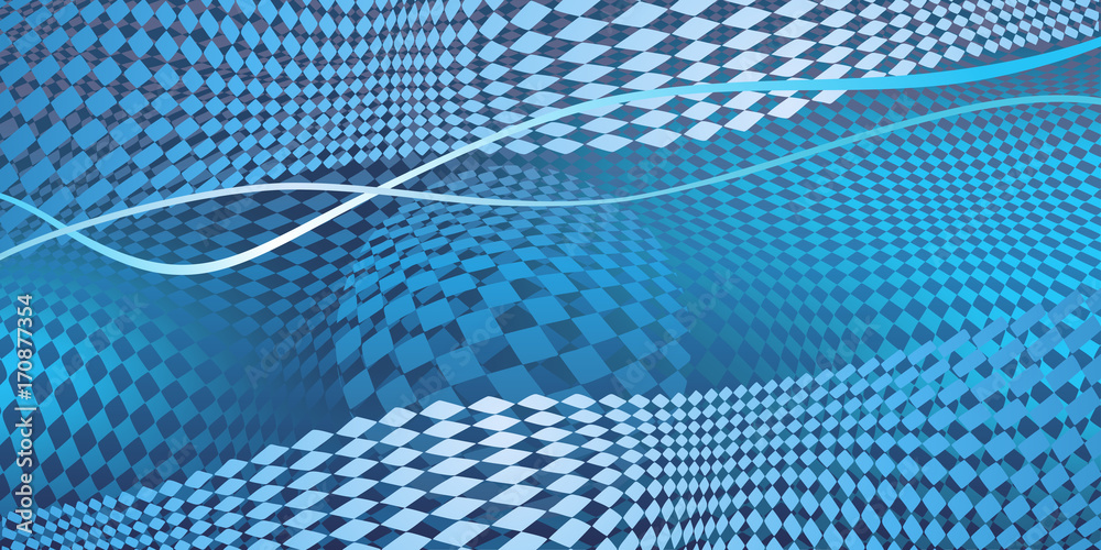 Poster Futuristic image of a wave on a plane of squares and abstract spheres. Vector background image.