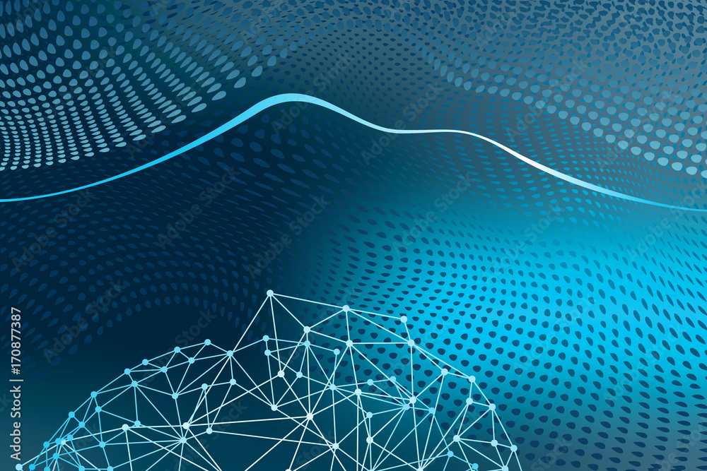 Poster Abstract futuristic background image on the topic of global network communication. Polygonal sphere among waves, lines and points.