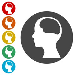 Human head silhouette and structure of the brain icons set 