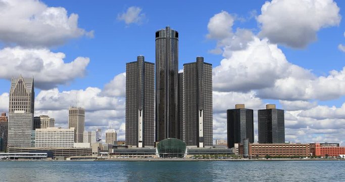 Detroit Skyline across the Detroit River 4K
