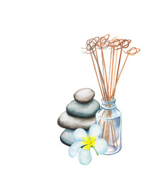 Reed diffuser, frangipani flower and pebble tower watercolor drawing on white background.