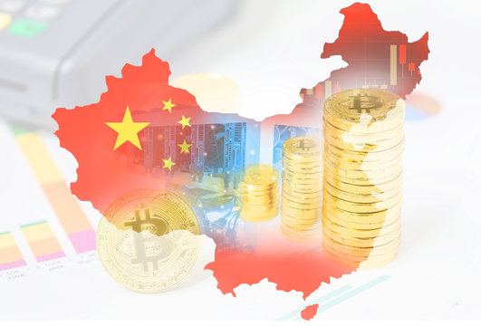 Computer for Bitcoin mining and bitcoin Currency coin on a stock market charts on Flag map of China
